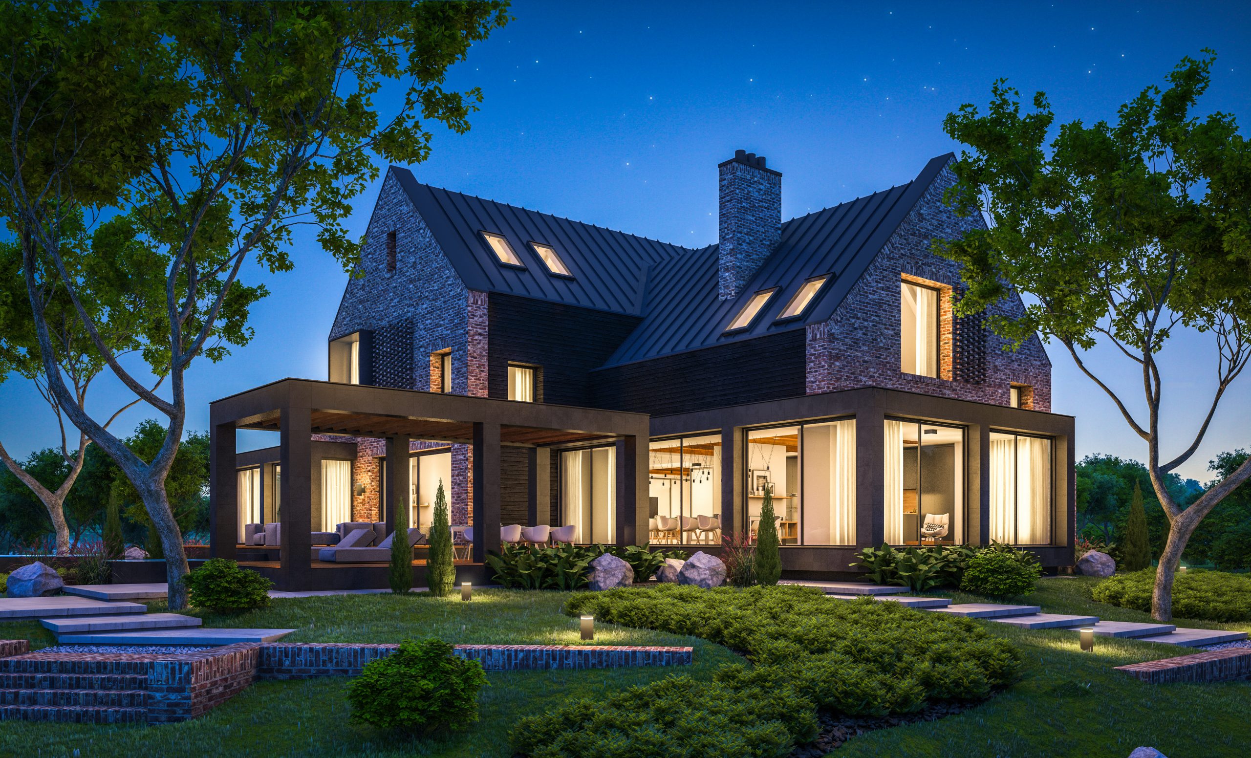 Modern clinker house on ponds with large custom windows